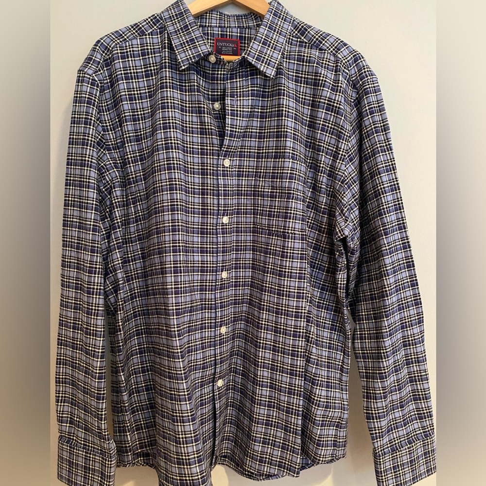 UNTUCKit Plaid Long Sleeve Button Front Shirt- Blue / White Heavy 100% Cotton